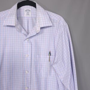 BROOKS BROTHERS Men’s Shirt 15.5 4/5 REGENT Non Iron Cotton Blue Pink Plaid Chec
